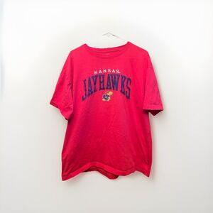 VTG Kansas Jayhawks Shirt Mens Large XL Red Embroidered Short Sleeve Cotton